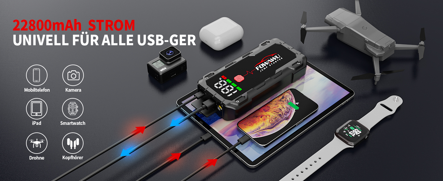 Powerbank FOWAWU 7000A 22800mAh з автостартом та LED-ліхтариком для автомобіля, мотоцикла, газонокосарки