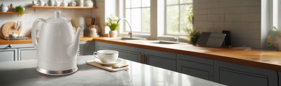 Електричний чайник з кераміки, 1,5 л, знімний кришка, білий - Дизайн Sakura, лебідячий ніс