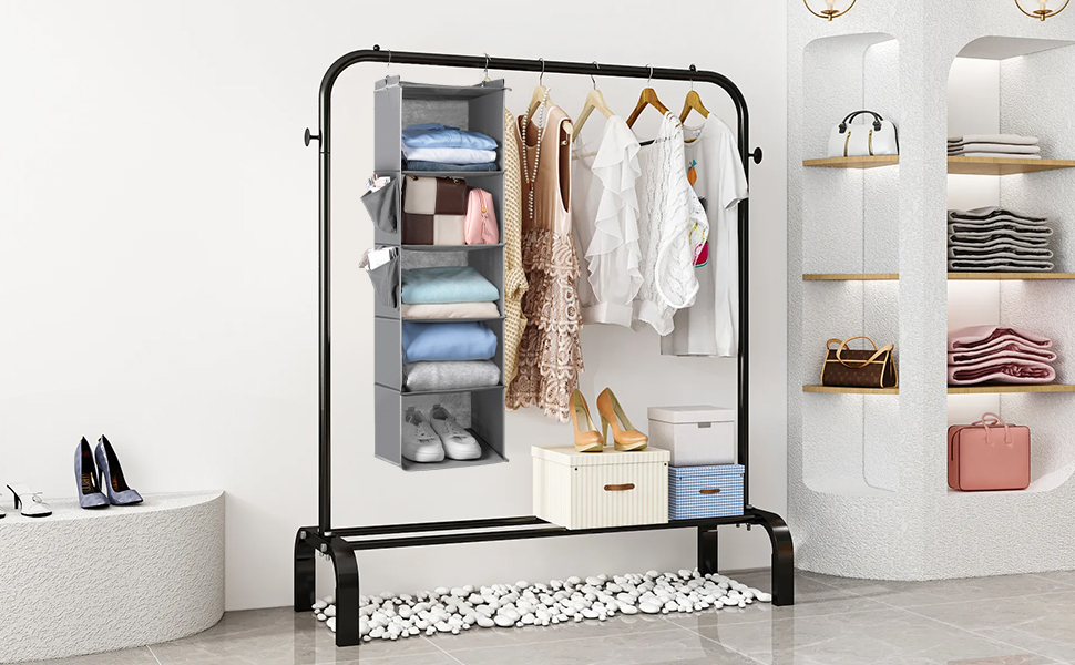 Органайзер для шафи Cozary з 5 відділеннями, складаний, з металевими гачками - сірий