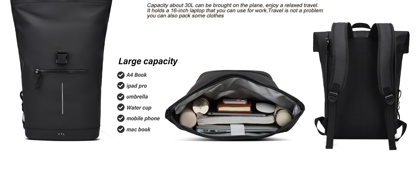 Чорний рюкзак YTL Rolltop з відділенням для ноутбука 17 дюймів. Ідеальний для подорожей, школи, університету, велопоїздок.