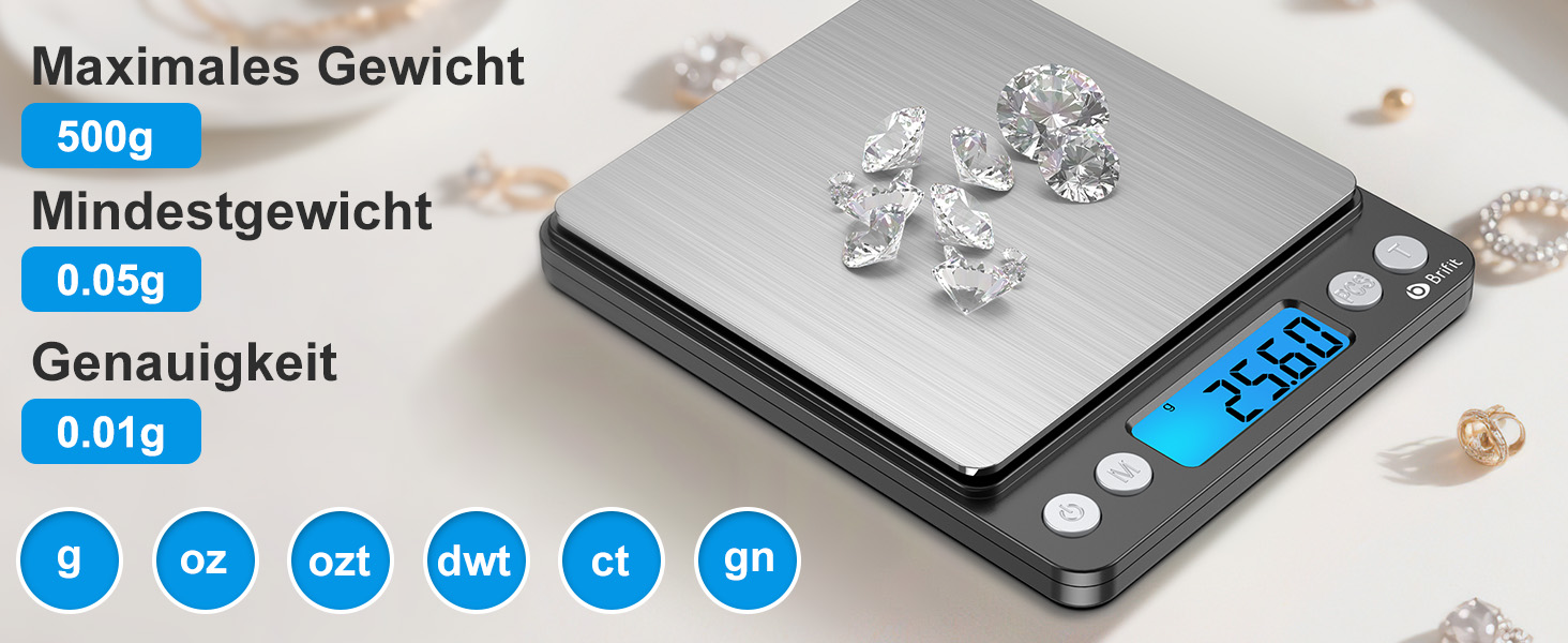 Електронні ваги Brifit 0.01g, 500g з калібрувальним набором 100g, функцією Tara та PCS, 6 одиниць вимірювання (Чорний)
