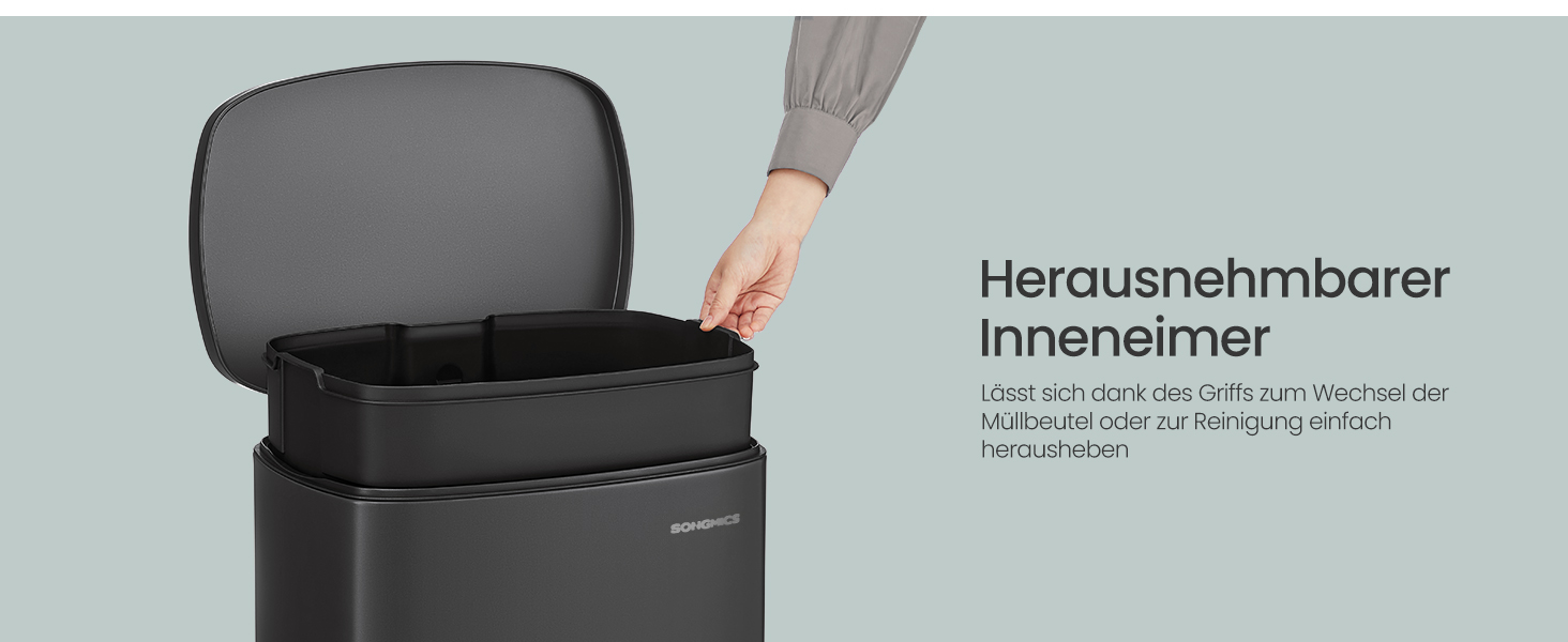 Відро для сміття SONGMICS 50 л з педальним механізмом, сталеве, з м'яким закриттям, чорне