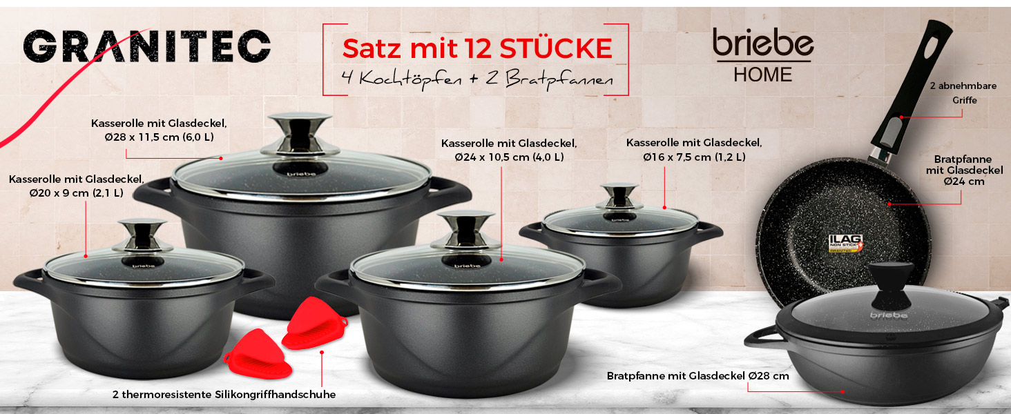 Набір посуду Induktion BRIEBЕ 12-ти частинний: 4 казани з алюмінію, 2 сковорідки з антипригарним покриттям ILAG GRANITEC (без PFOA), кришки зі скла, рукавички з силікону. Підходить для індукційних, газових плит та духовки.