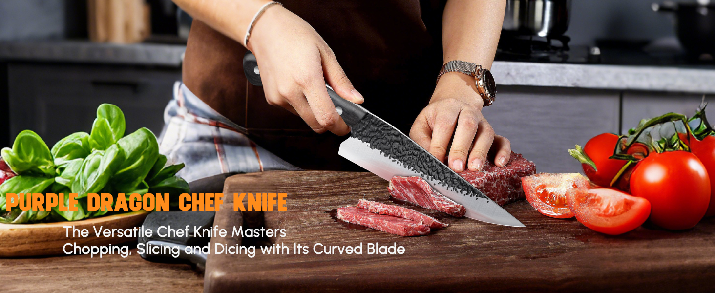Ніж Santoku Purple Dragon професійний кухонний, сталь високовуглецева, 18.6 см - для м'яса та овочів, ергономічна ручка