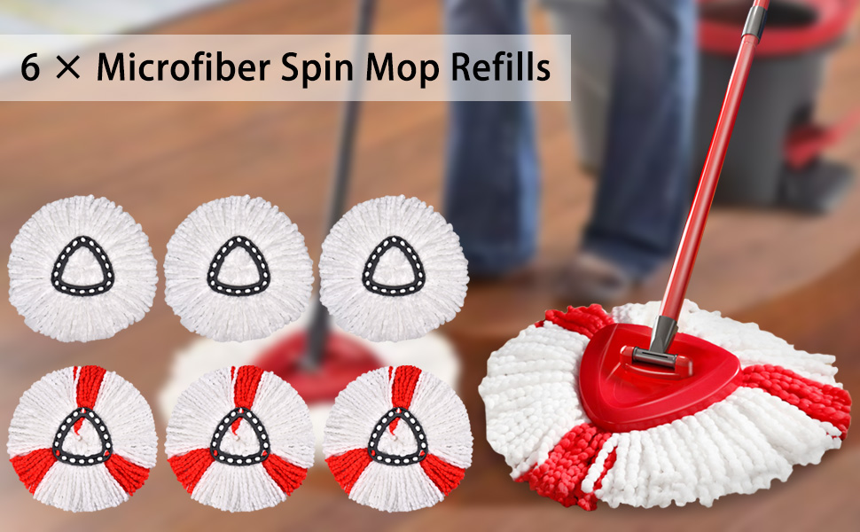 Queta Набір із 6 змінних мікрофібрових насадок для швабри, 360° Spin Mop для прибирання дому, ефективне видалення сильних забруднень