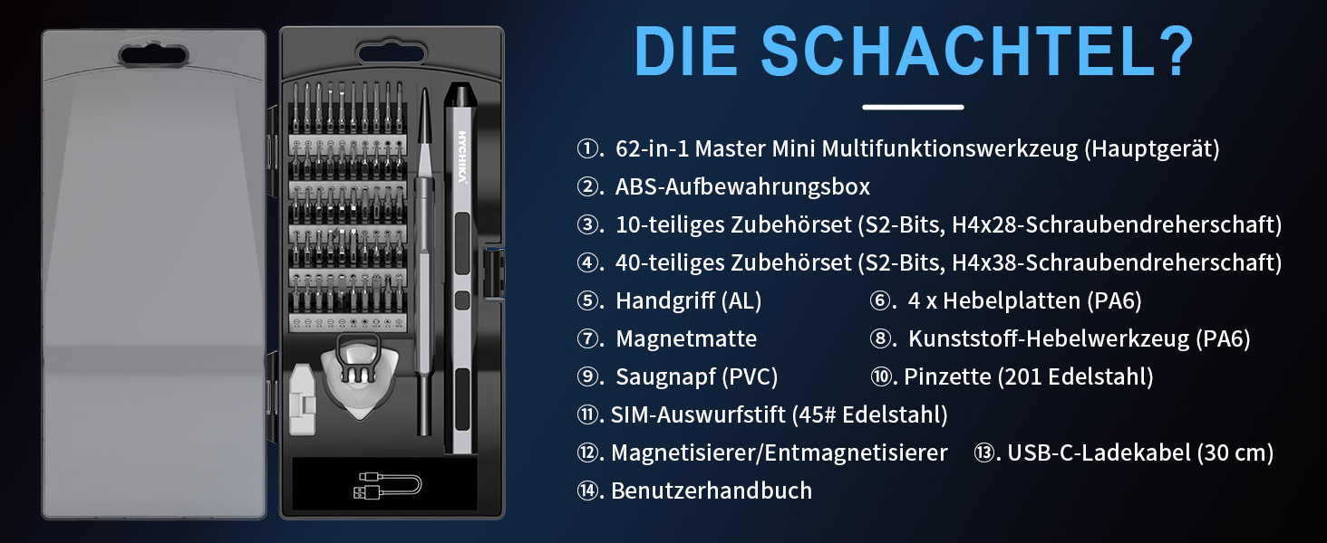 Електричний прецизійний викрутковий набір HYCHIKA 62-в-1 для ремонту електроніки: телефонів, планшетів, Xbox, камер, годинників