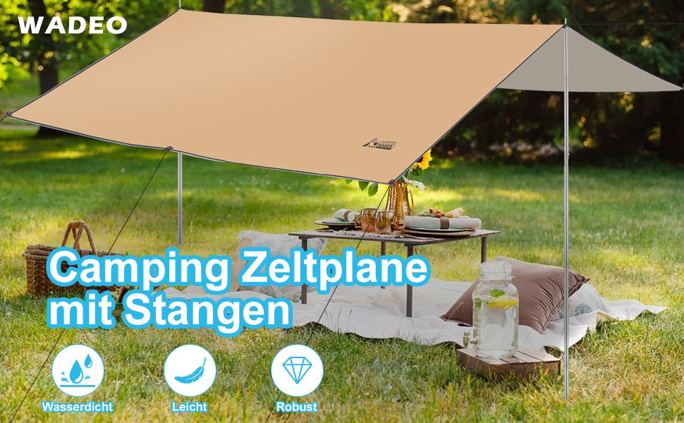 Водонепроникний намет WADEO 3x4 м: брезент для кемпінгу, тент для намету з брусками, кілочками та мотузками, ультралегкий, для кемпінгу та пікніків на природі, хакі
