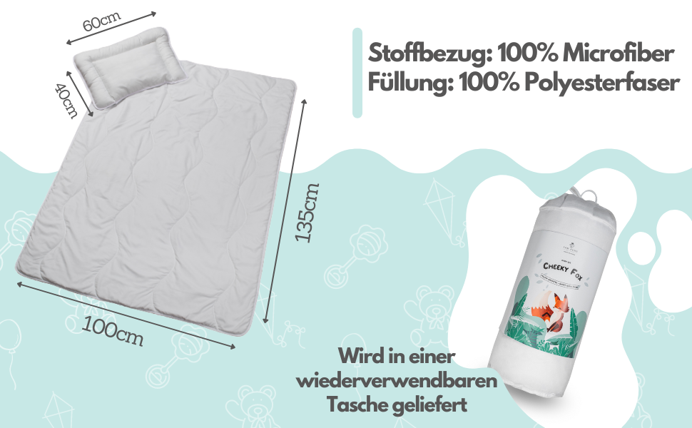 FAM' Home Baby Duvet and Pillow Set Cheeky Fox, Children's Duvet 100 x 135 and 40x60 cm Pillow | Oeko-Tex Standard 100 Certified | Anti-allergy Option | Suitable for 70x140 cm beds, 100 x 135 cm and 40x60 cm all-season duvet