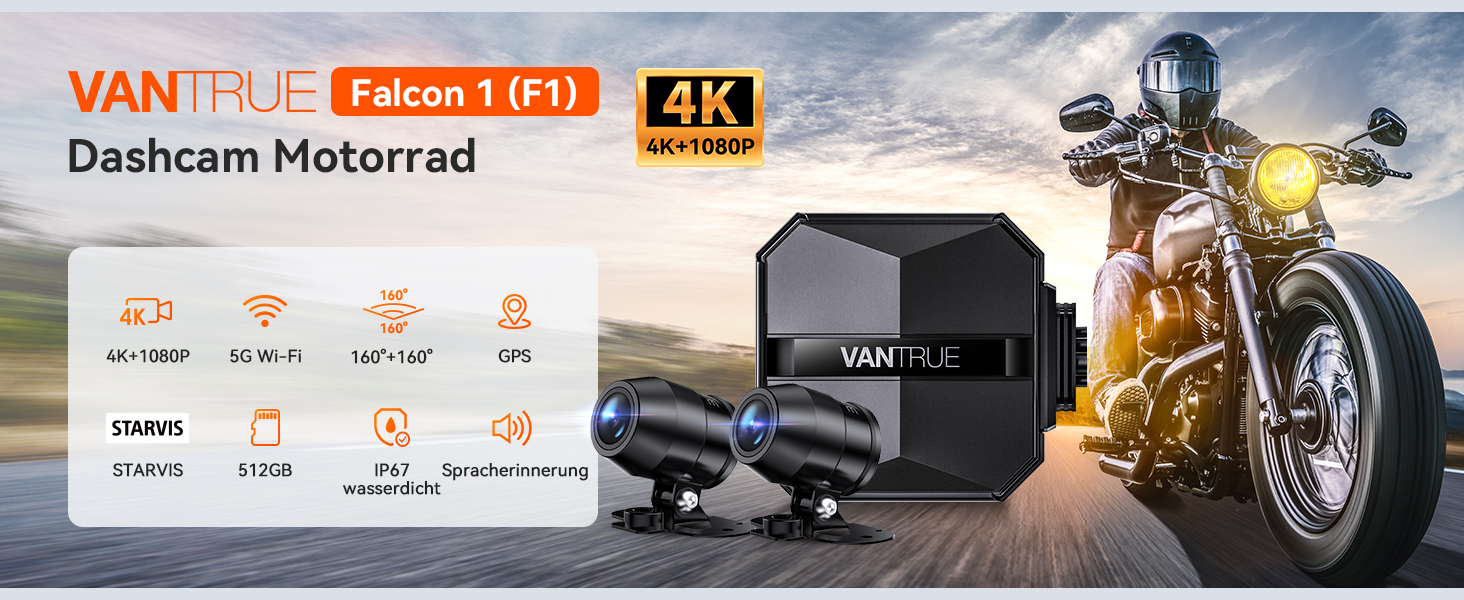 Мотоциклетний відеореєстратор VANTRUE F1 4K + 1080P (передній та задній), нічна зйомка STARVIS