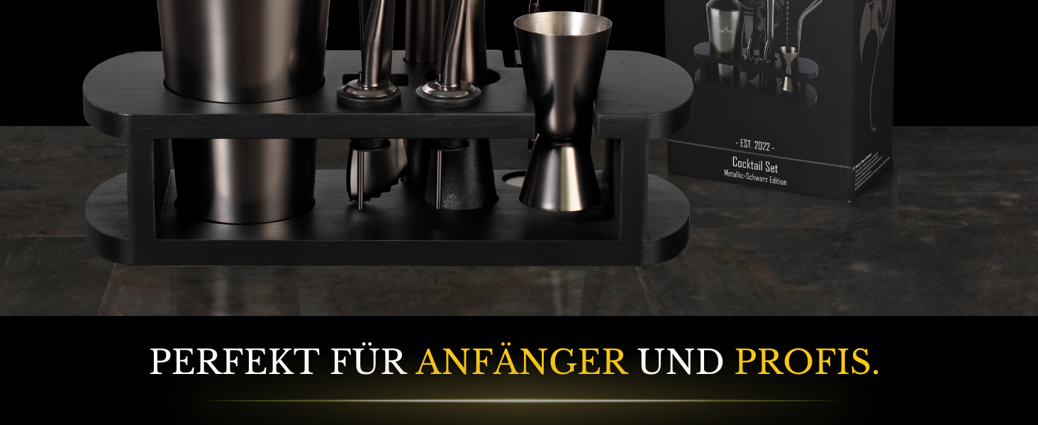 BARMINGO Stainless Steel Cocktail Set - 11 Piece Bar Set with Shaker, Stand & Accessories | Cocktail Shaker Set | Bartender Set | Cocktail Mixing Set | Bar Set | Gift Set | Black Metallic Black