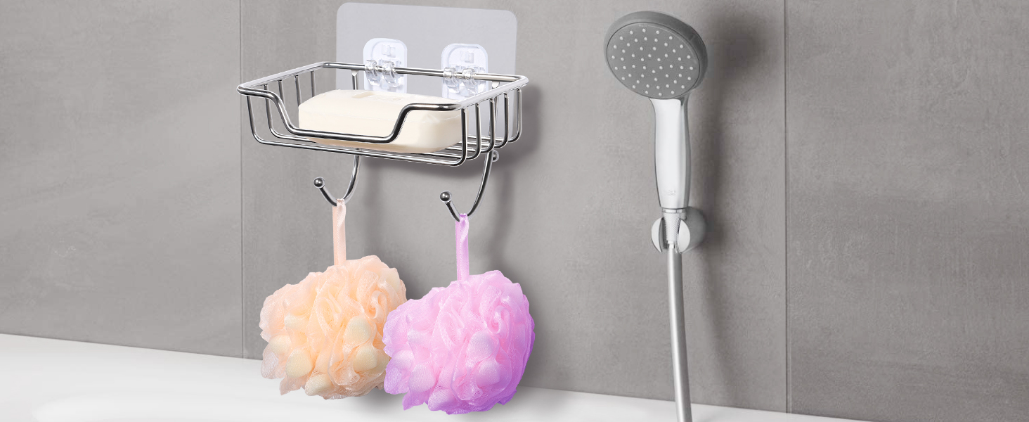 Тримач для мила без свердління Uten, нержавіюча сталь, самоклеючий, з 2 гачками, для мила та губки, для душу, ванної кімнати, кухні, сріблястий