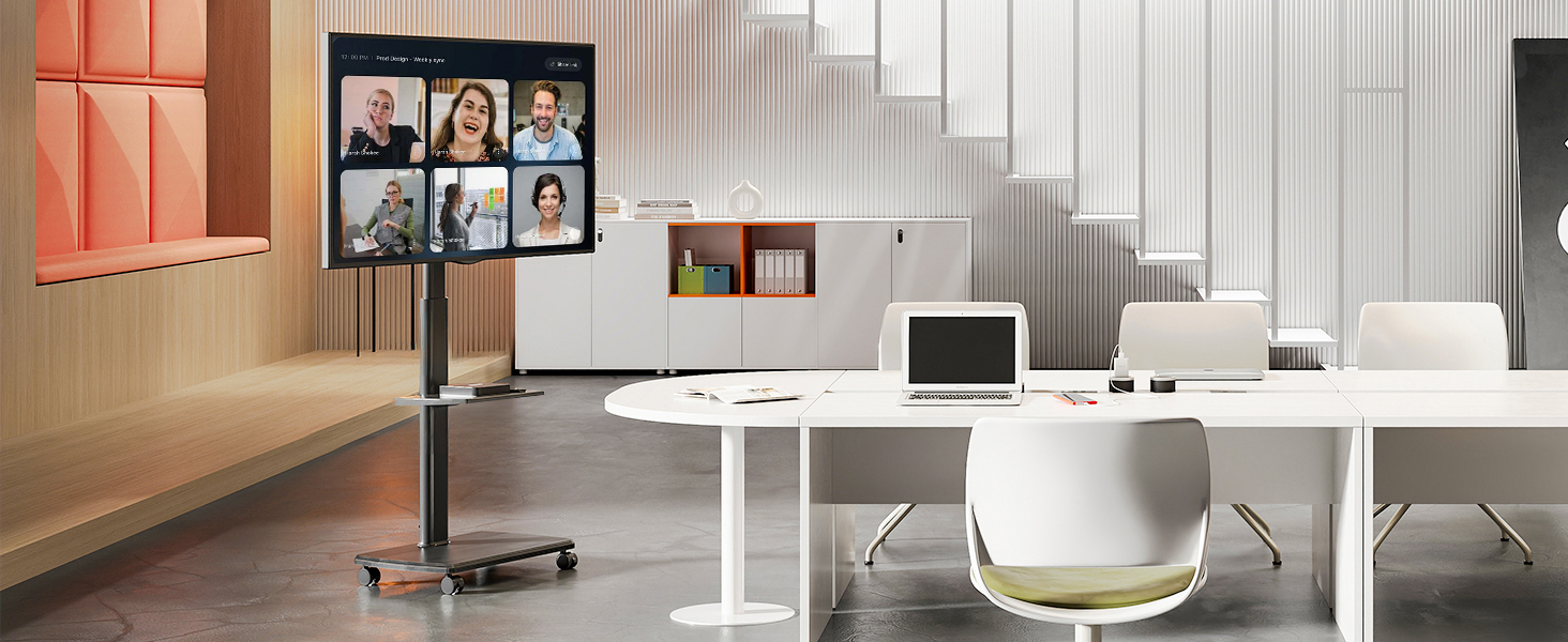 FITUEYES Rolling TV Stand with Wood Shelf - Adjustable Height & Swivel - Fits 32-70 inch TVs up to 40kg, VESA 400x600 - White/Black
