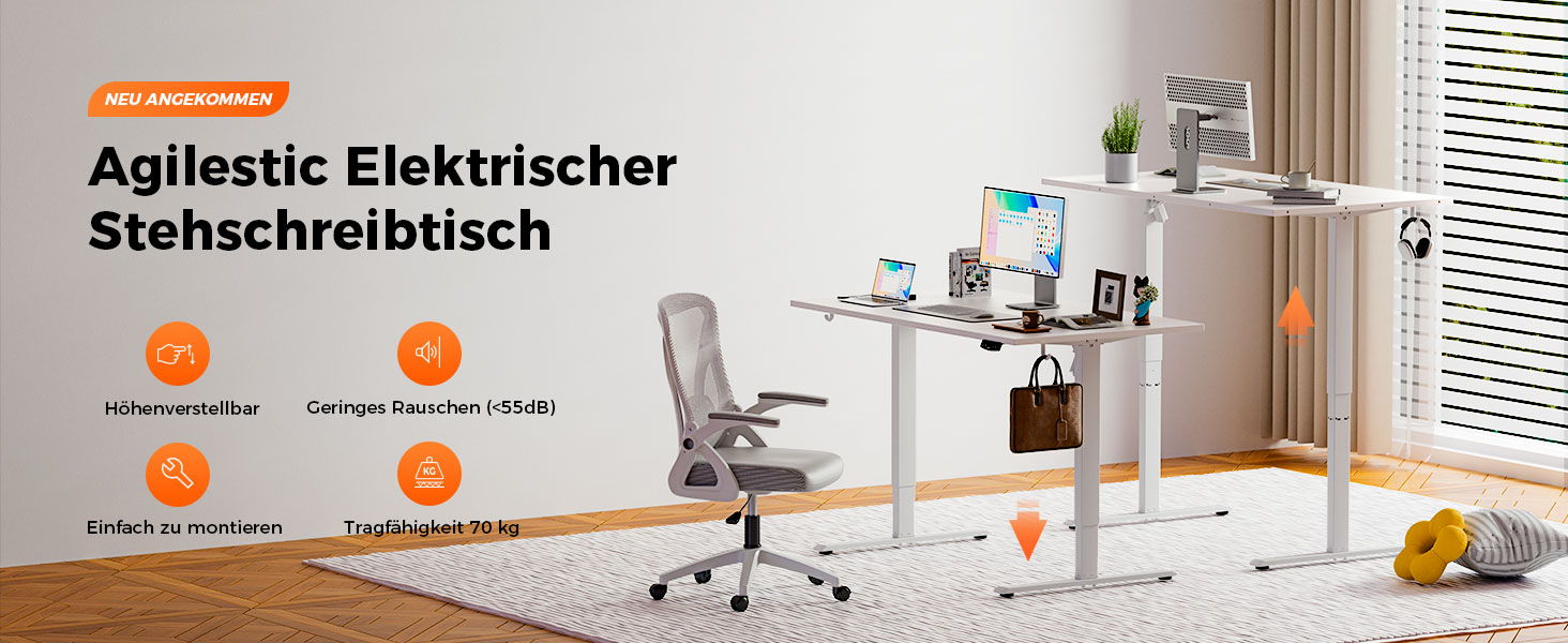 Електричний стіл Agilestic з регулюванням висоти 180x80 см, білий. Зручний комп'ютерний стіл з пам'яттю, ергономічний, стабільний