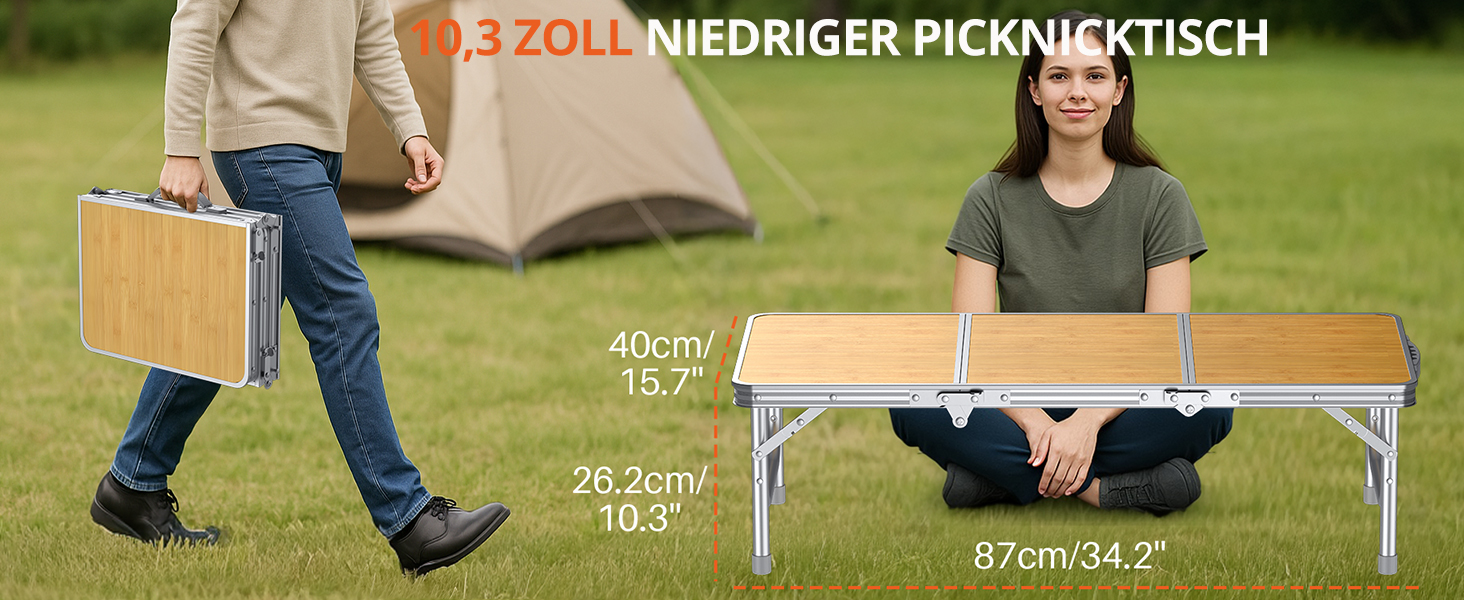 Складний кемпінговий стіл FUNYKICH 87x40x26 см, жовтий - алюмінієвий, MDF стільниця, з сумкою для перенесення