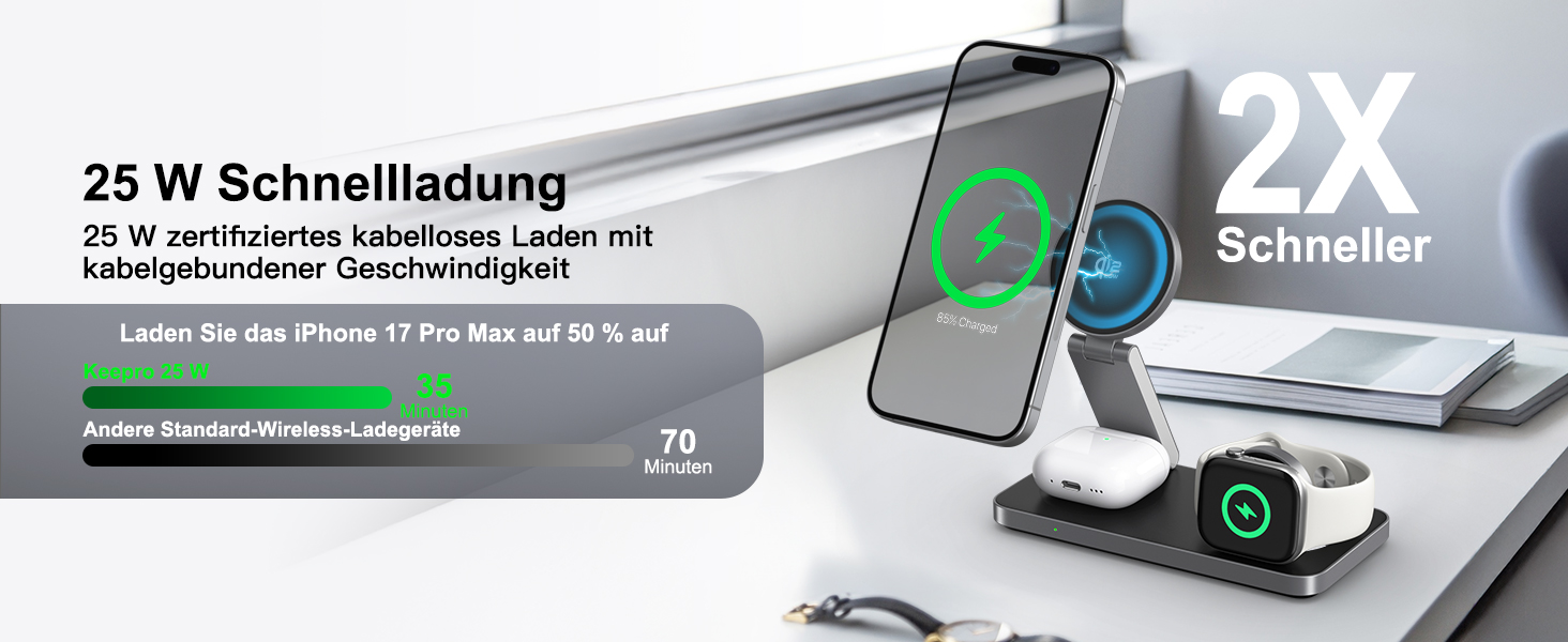 Бездротовий зарядний пристрій 25W MagSafe 3-в-1 для iPhone 17e/17/16/15/14/13/12/Air, Apple Watch та AirPods Pro - чорний