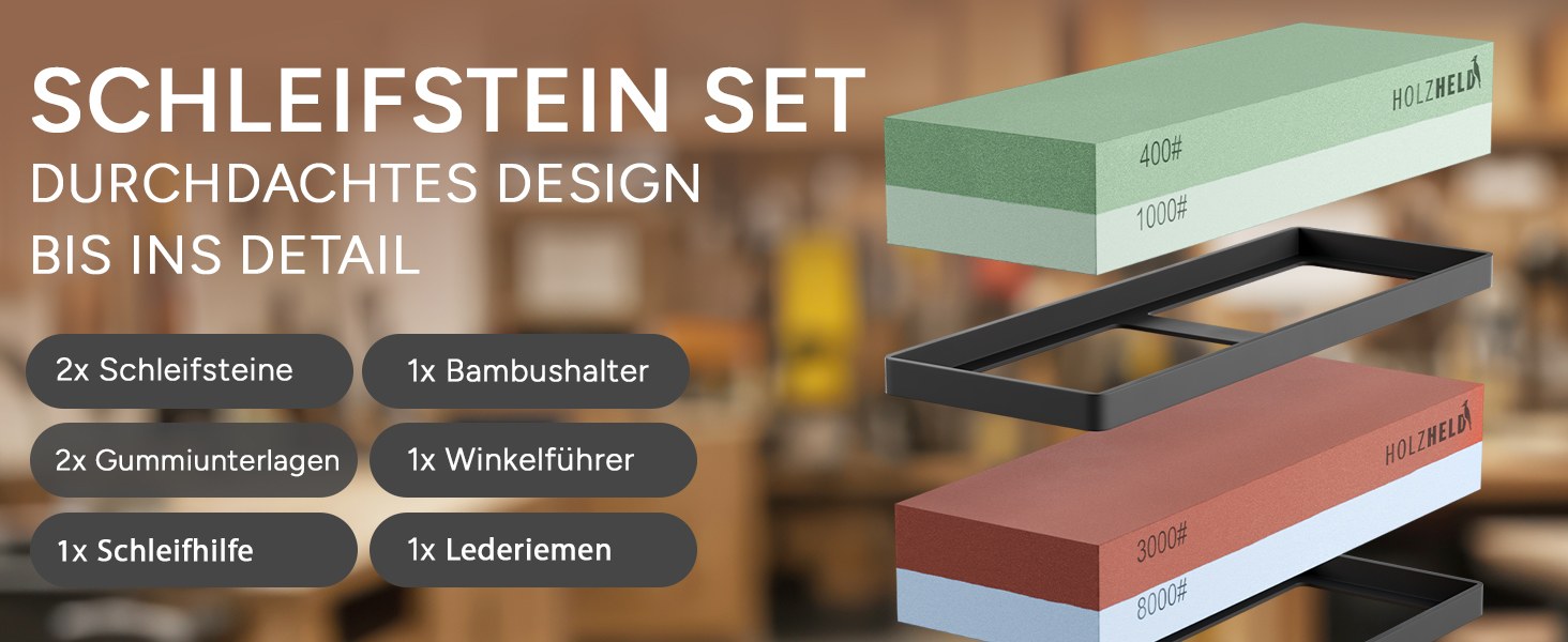Набір для заточування ножів та інструментів Schleifstein: 400/1000/3000/8000 гріт, шкіра, кутник для заточування