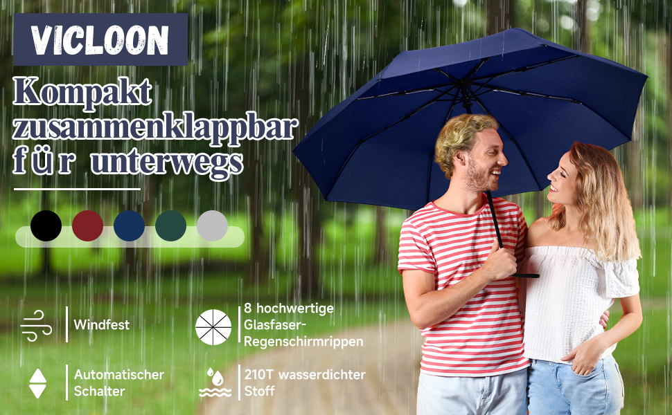 Зонт автоматичний Vicloon, 8 спиць, тефлонове покриття, компактний, для подорожей, гольф, темно-зелений/темно-синій