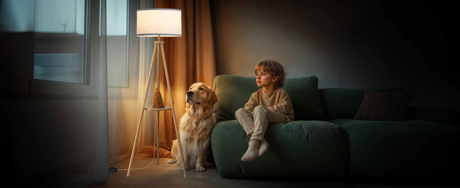 Стельова лампа на тренозі з полицею, з пульт керування, 3 колірні температури, для вітальні, спальні, офісу, бежевий абажур, стиль бері, декор