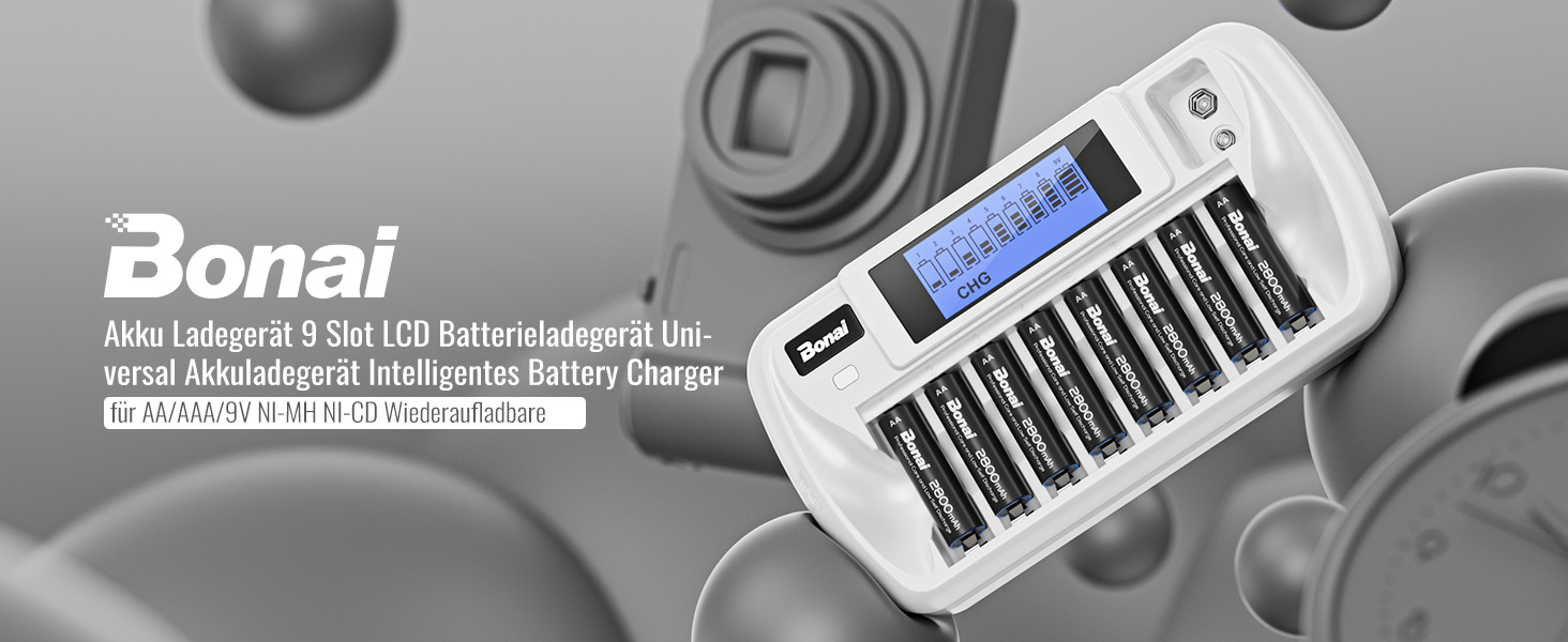 Зарядний пристрій BONAI для акумуляторів 9 слотів LCD, універсальний, інтелектуальний зарядний акумулятор з функцією розряду для AA/AAA/9V NI-MH акумуляторів