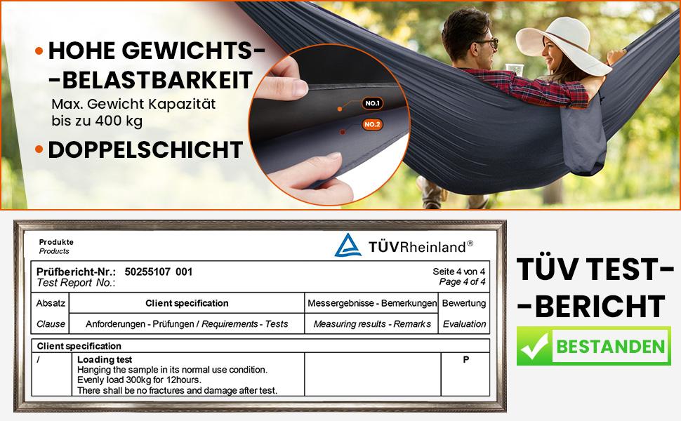 Гамак Overmont двошаровий сертифікований TÜV, 400 кг, 280x185 см, нейлон, для кемпінгу, відпочинку на природі, чорний, темно-сірий