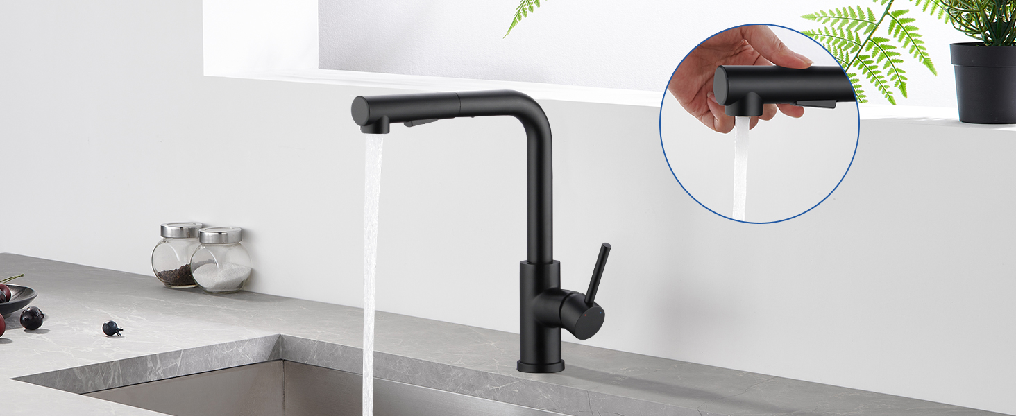 Висувна кухонна змішувач з душем, 360° поворот, кухонна арматура з двома режимами струменя, з нержавіючої сталі, чорний, з висувною насадкою