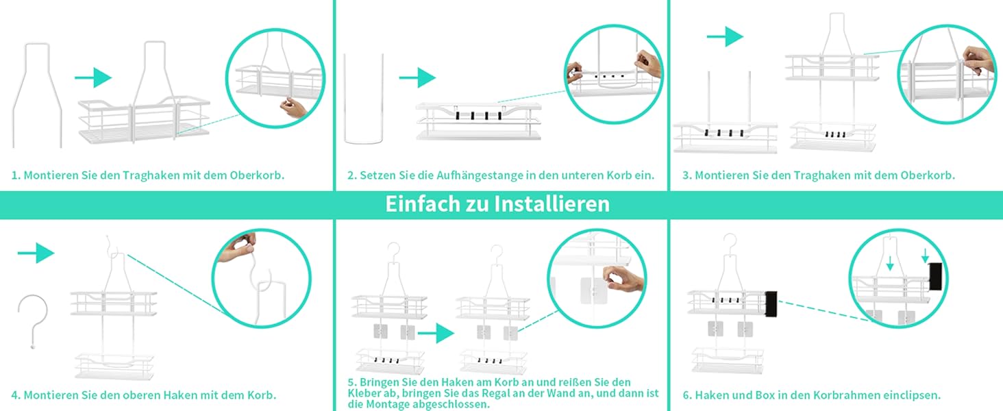 Настінна поличка для душу HapiRm з 4 гачками - органайзер для шампуню та засобів для душу, білий