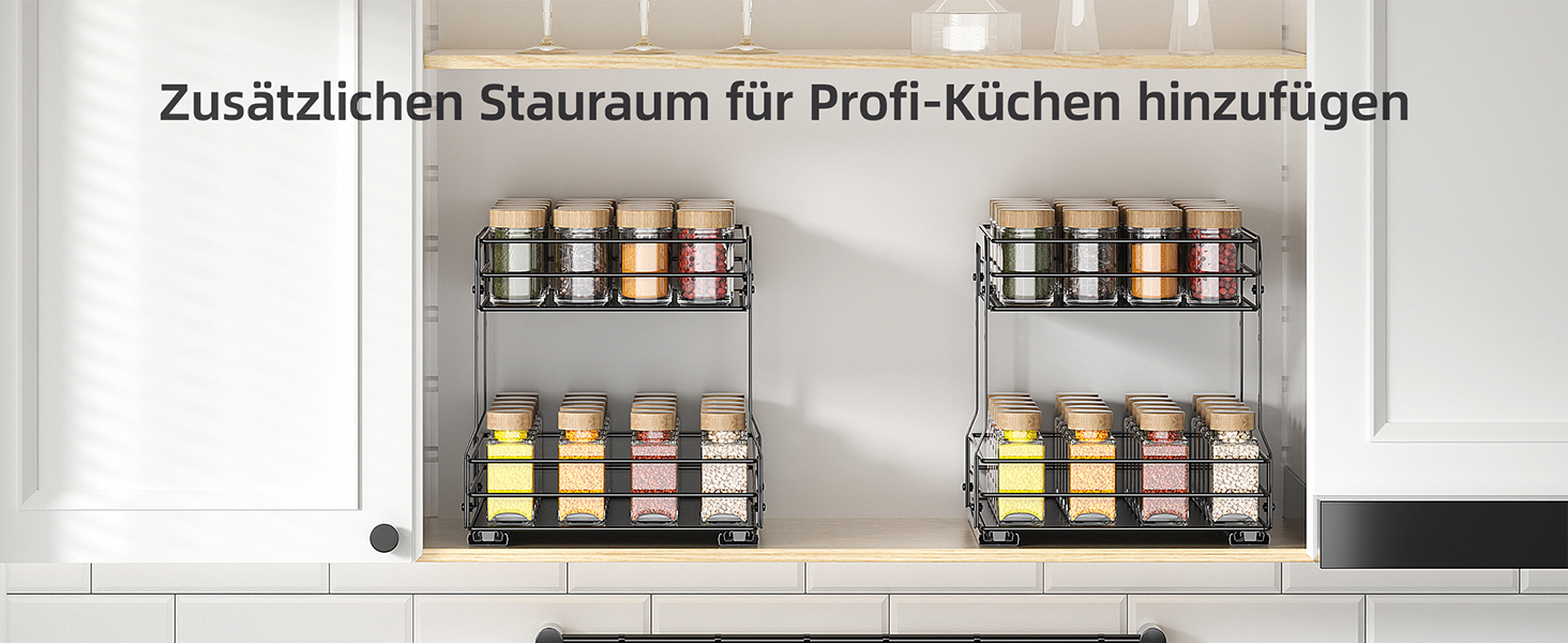 Висувна полиця для спецій, 2 яруси, органайзер для кухні, регульована висота, металева, чорний (26.4 x 12.5 x 24.3 см)