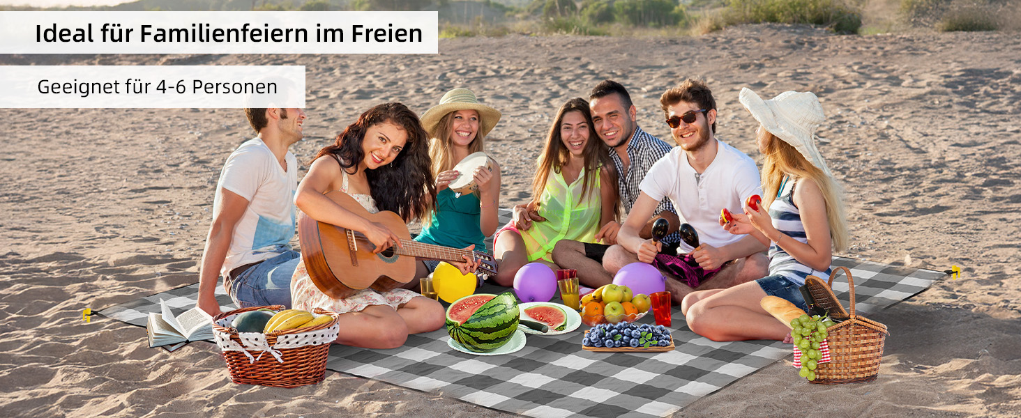 Плед для пікніка HAUSPROFI 200x200 см, водонепроникний, ізольований - великий плед для пікніка, пляжу, саду, кемпінгу. Бавовняний, з ручкою та кілочками, сіро-білий в клітинку