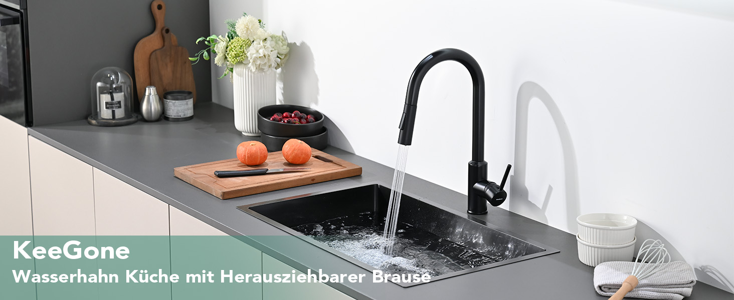 Змішувач кухонний з висувною лійкою та душем, 360° поворот, 2 режими, нержавіюча сталь, чорний