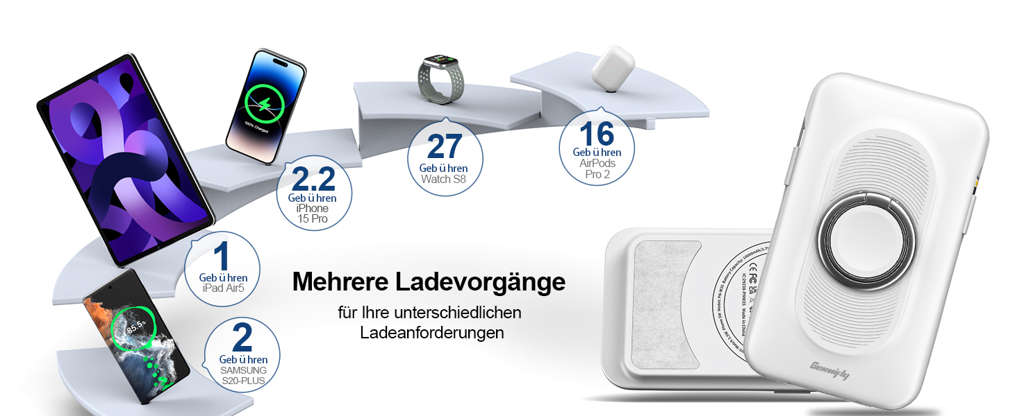 Power Bank 5-в-1 з 2 кабелями, 10000 mAh, магнітна бездротова батарея з кріпленням та підставкою, швидка зарядка, зовнішній акумулятор для iPhone 16/15/14/13, iWatch, подорожі, кемпінг, на вулицю