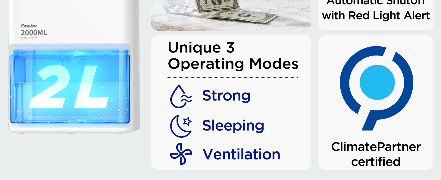 EasyAcc Електричний осушувач повітря 2000мл, продуктивність 500-650мл/день, 3 режими, автоматичне відтанення, LED-підсвітка 7 кольорів, автовимкнення, для приміщень до 20 м²