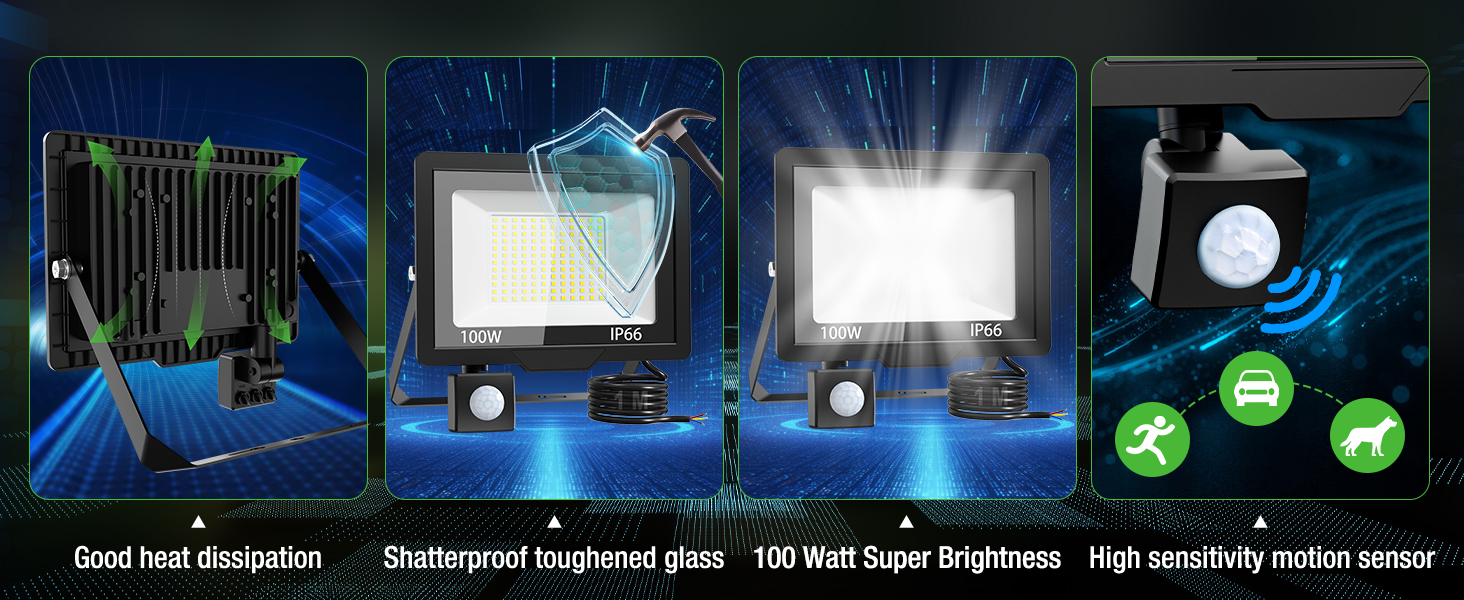 nipify LED прожектор із датчиком руху для вулиці, 2 шт, 30W 3000Лм, IP65, холодне світло 6500K, довгий кабель 100 см, для складу, саду, готелю, двору (100W)