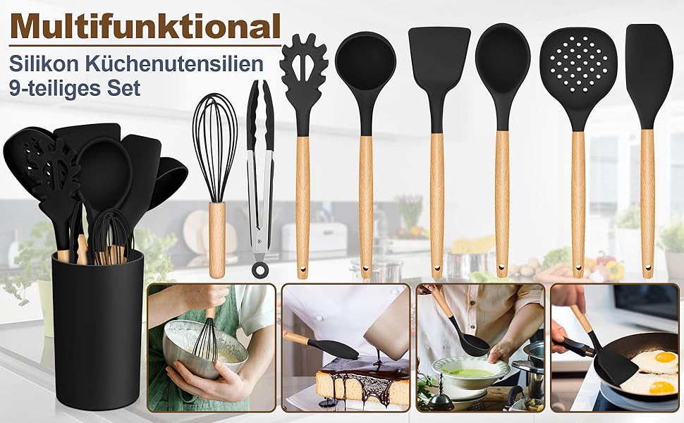 Набір кухонних аксесуарів Homikit 9 шт. з чорного силікону та дерев'яними ручками