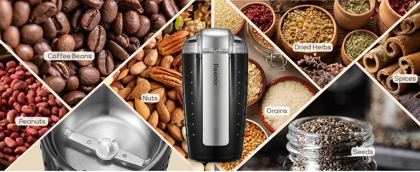 Електрична кавомолка Reemix, 100г, 2-в-1 (кава та спеції), з нержавіючої сталі, тиха, з щіткою та ложкою, чорна