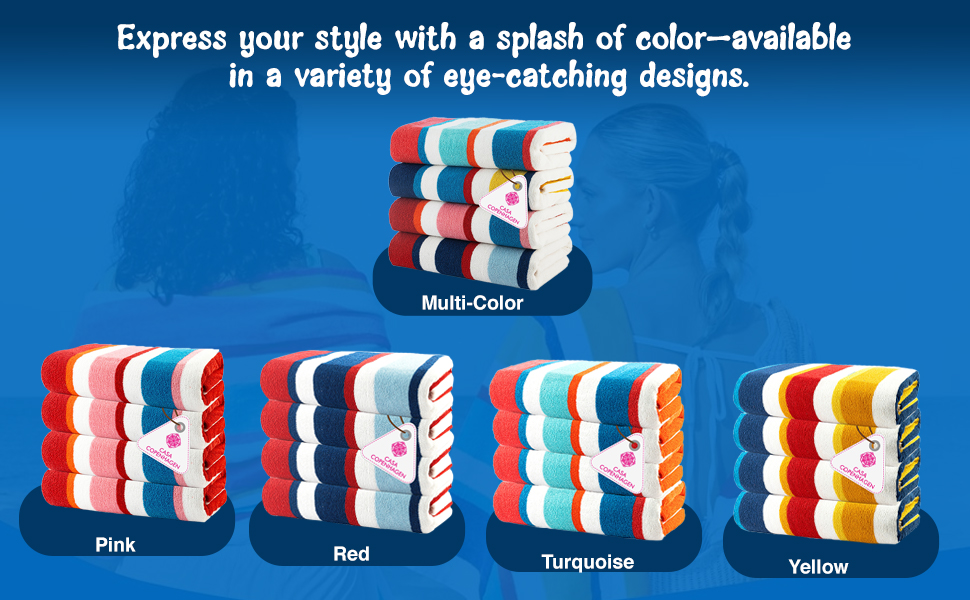 Рушники Casa Copenhagen Bora Bora – набір 4 шт. (76x152 см) з бавовни, Данія. Швидковисихаючі, для басейну, душу та ванни. Рожевий, червоний, жовтий, блакитний