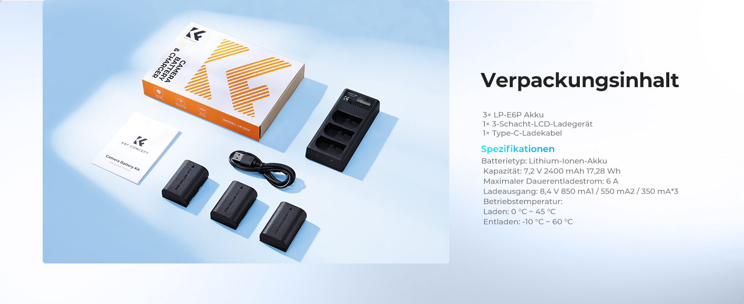 Акумулятор Canon LP-E6P (3 шт.) K&F Concept + Зарядний пристрій на 3 слоти, 2400mAh для Canon EOS R5, R6, R7, 5D Mark IV