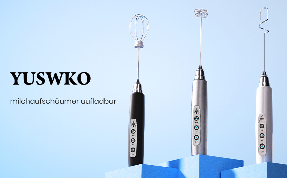 Електричний піноутворювач для молока YUSWKO: 3 насадки, 3 швидкості, USB-зарядка, для капучино та лате