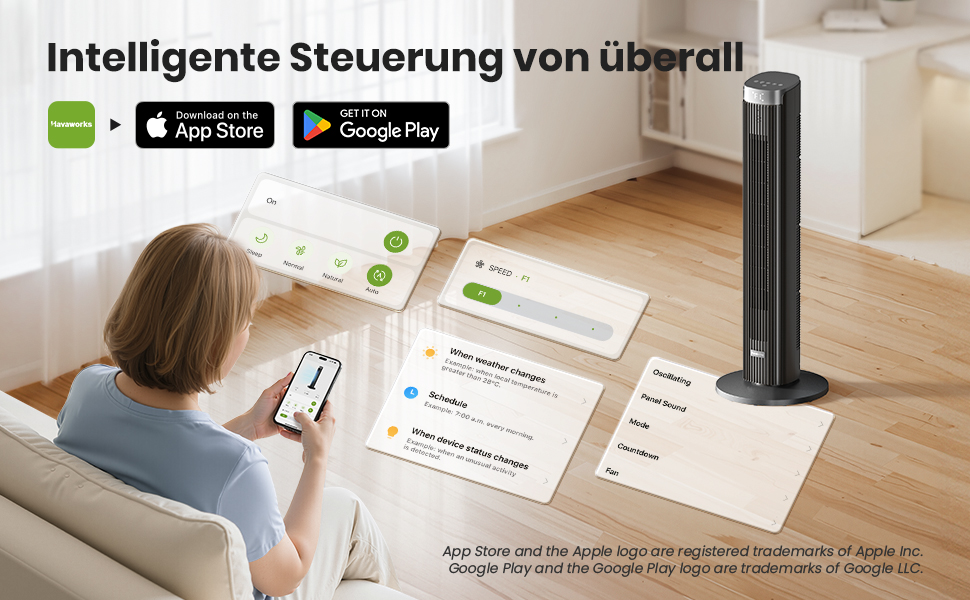 Вентилятор Pureborne 91 см з осциляцією, керуванням Wi-Fi та пультом, 4 швидкості та 4 режими, таймер 12 годин, чорний