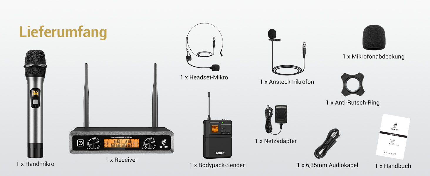 TONOR Бездротовий мікрофонний комплект з 4 каналами UHF: ручний, нагрудний, гарнітурний, лавел'єрний. Дальність дії 90м. Підходить для співу, караоке. 2 ручні мікрофони та 2 кишенькові передавачі