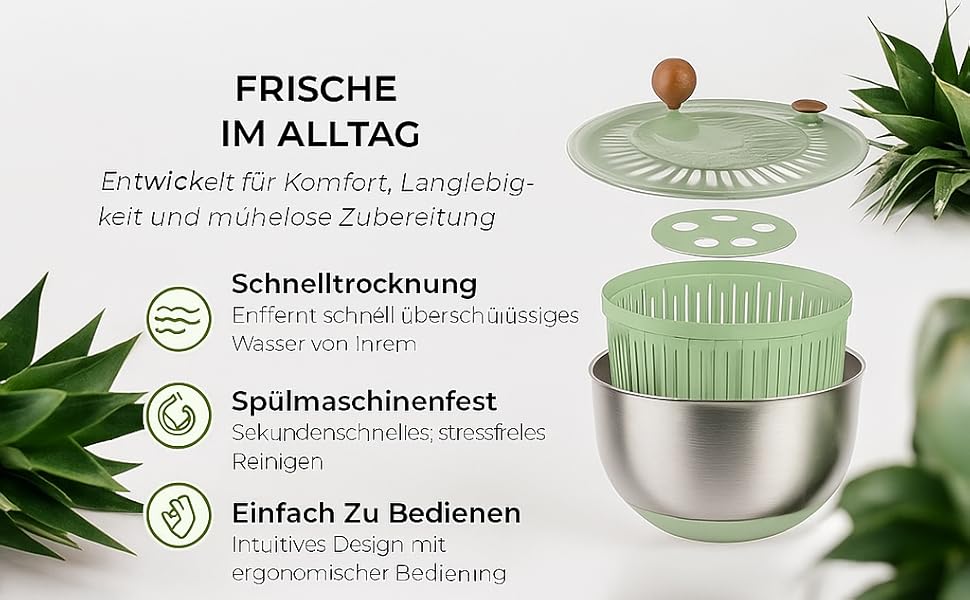 Салатниця-центрифуга з нержавіючої сталі, 500 г об'єму, 5 л, ручний привід з ручкою, неслизький кришка та випуск води, придатна для миття в посудомийній машині, ідеальна для свіжих салатів та овочів