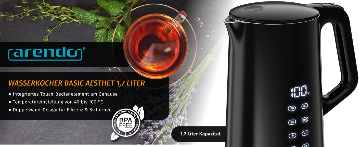 Електричний чайник Arendo з регулюванням температури, нержавіюча сталь, подвійні стінки Cool Touch, дисплей, бездротовий, 2200 Вт, 1,7 л, захист від перегріву, функція підтримки тепла, чорний