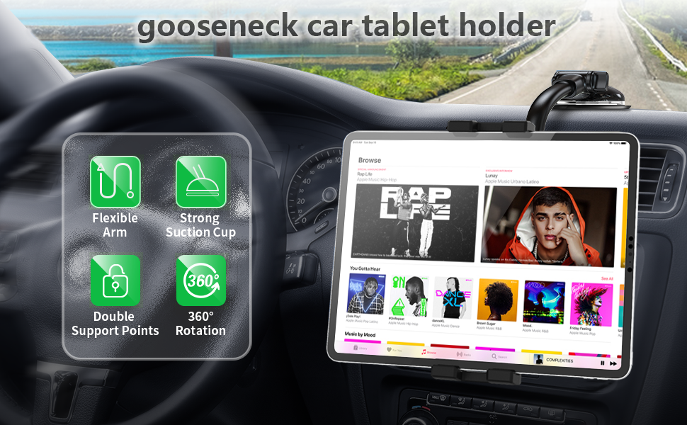 Підставка для планшету Oilcan Schwanenhals для автомобіля: кріплення на панель приладів/лобове скло, гнучкий тримач 34 см, сумісний з iPad, Galaxy, телефонами 4-12.9 дюймів