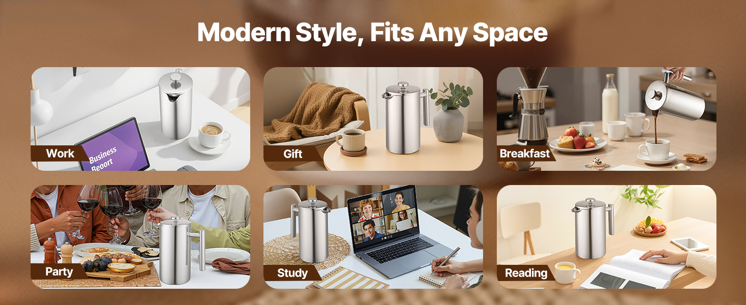 Френч-прес VEVOR 1,5 л з нержавіючої сталі - кавова преса, чайник з фільтром, для кемпінгу, подорожей, кухні, срібний