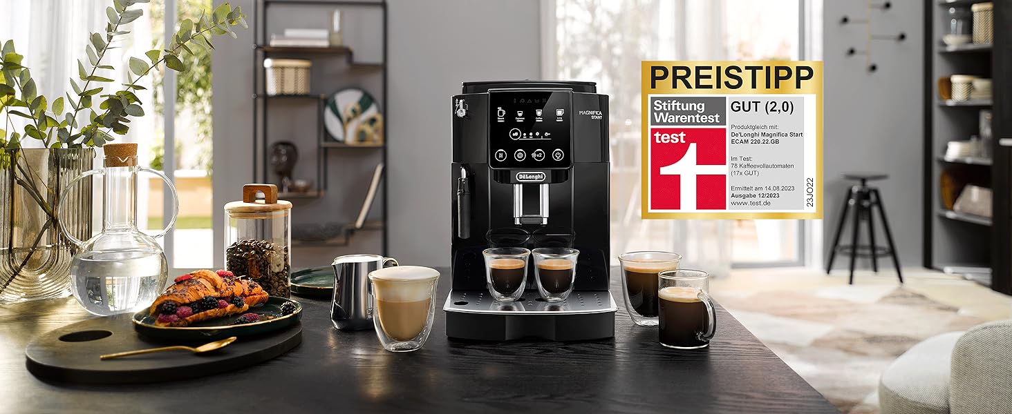 De'Longhi Magnifica Start ECAM222.20.B, fully automatic coffee machine with milk frother, for cappuccino, with espresso direct selection and 2x espresso function, 13-stage conical grinder, 1450 W, Black. Fully automatic coffee machine with touch display.