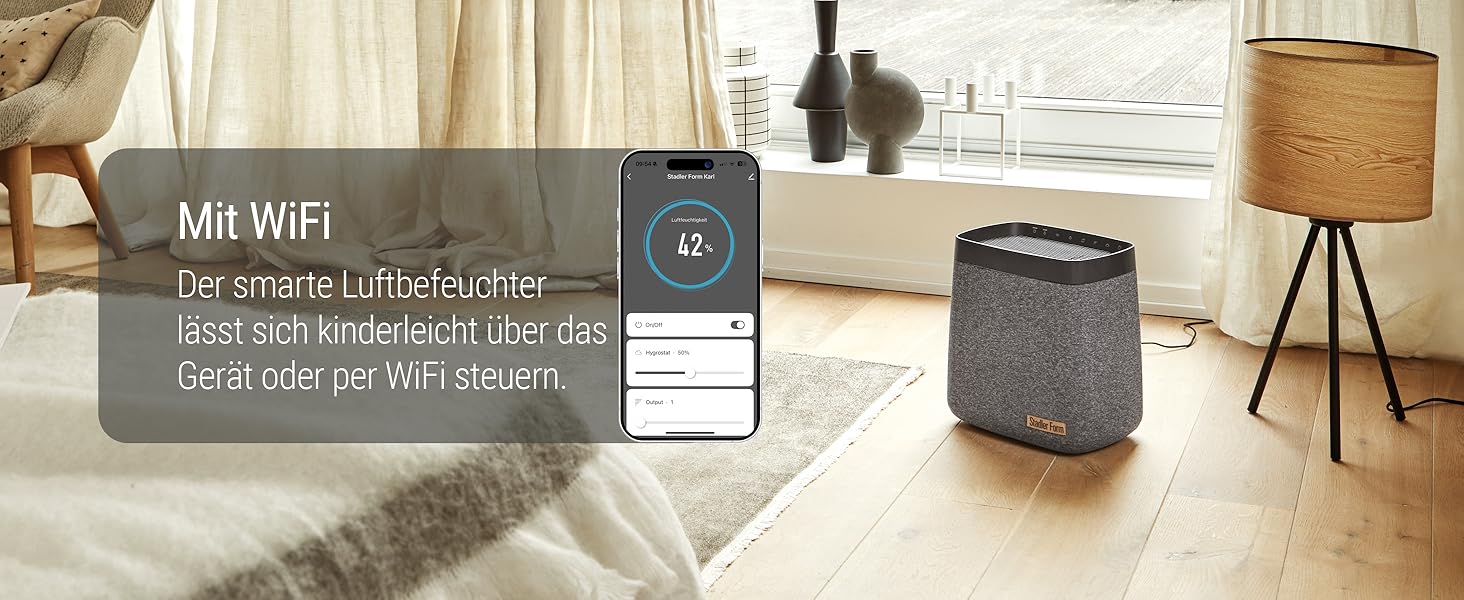 Зволожувач повітря Stadler Form Karl, тихий та потужний випарник для приміщень до 100 м², 4 режими зволоження, керування через додаток, чорний