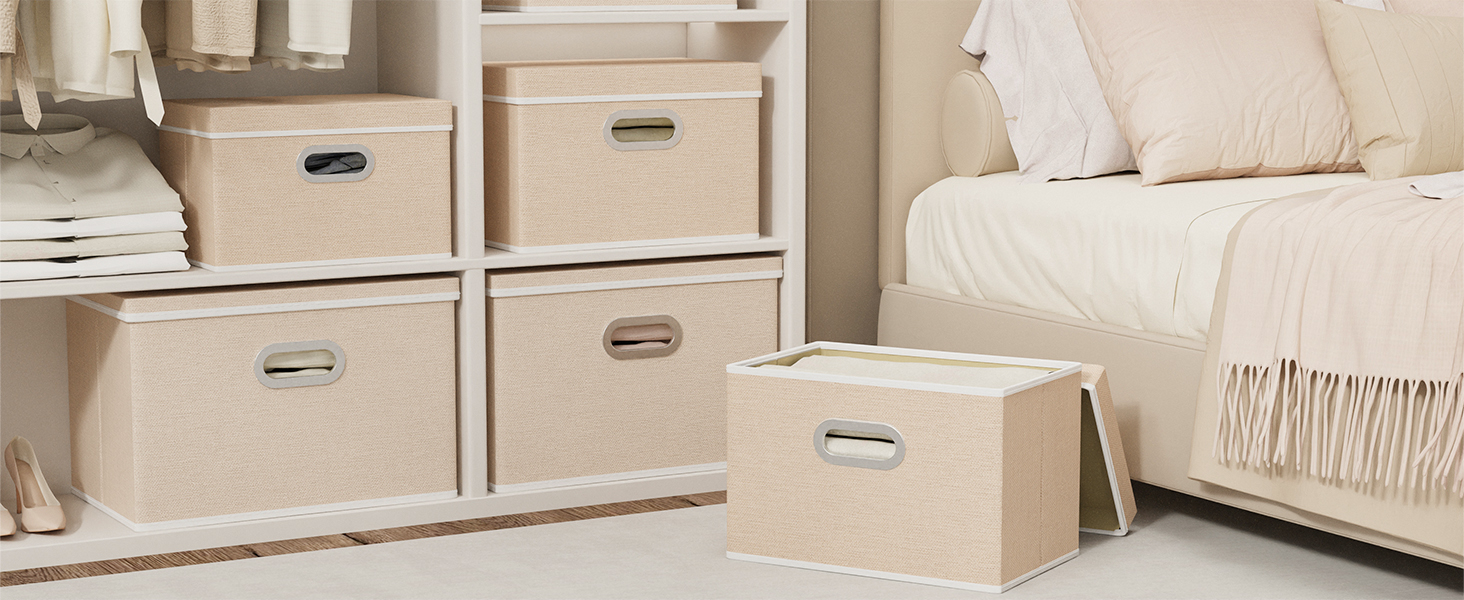 Yawinhe 3-Piece Storage Boxes with Lids, Foldable Fabric Box with Handles, Storage Boxes, for Bedroom, Clothes Storage, 32x23x20cm, SNK023G-3 (32x23x20cm/3-Pack, Beige)