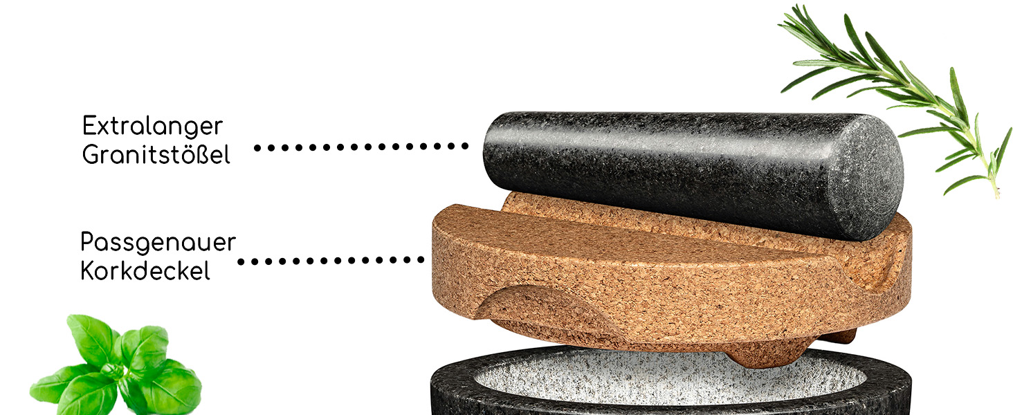 Набір ступки та пестика | Граніт | Основа та кришка з корку | Великий (XXL) для спецій та трав