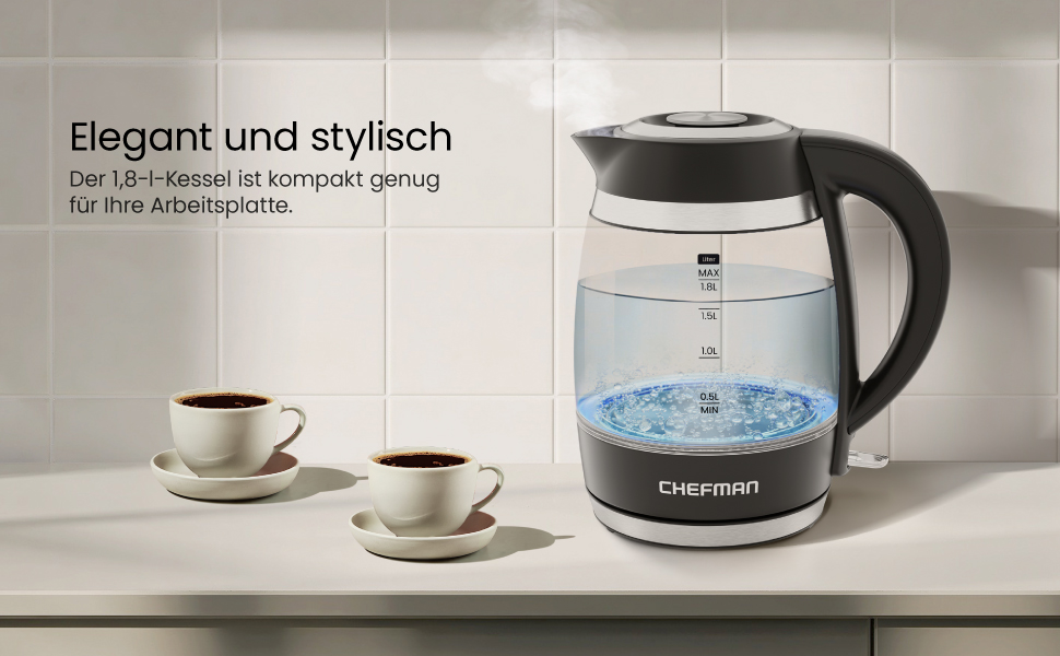 Електричний чайник Chefman 1.8L з нержавіючої сталі, 3000W, знімний кришка, автоматичне відключення, захист від сухого кипіння, фільтр з нержавіючої сталі, BPA Free, чайник з боросилікатного скла