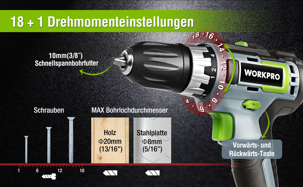 WORKPRO Акумуляторний шуруповерт 18V/20V з 16 насадками, крутним моментом 25NM та регульованою швидкістю, LED-підсвічуванням, 2-ма режимами обертання, акумулятором 2.0Ah Li-Ion та швидким зарядним пристроєм