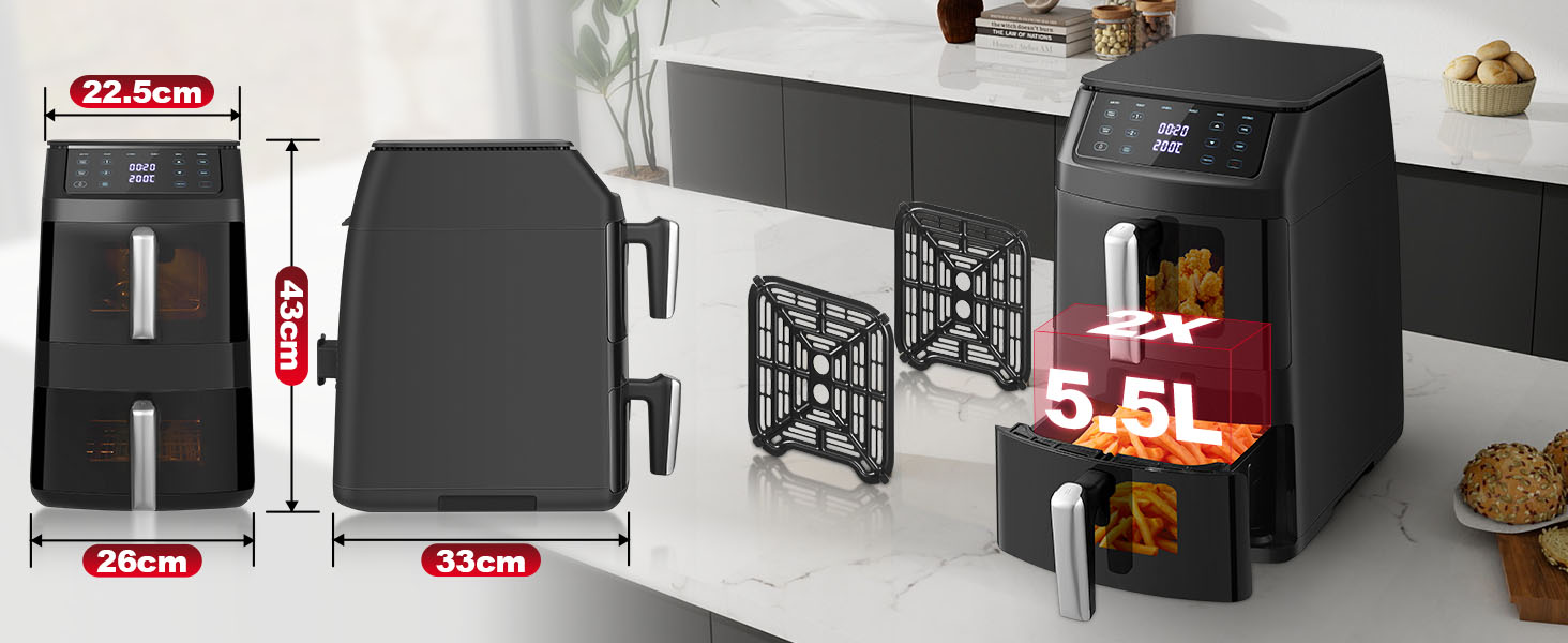 Аерофритюрниця TopStrong Doppelkammer 11л, 2500 Вт, 6 функцій, з оглядовим вікном, вертикальна, подвійна камера, для рівномірного приготування